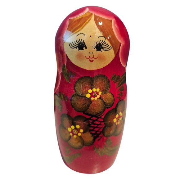 Hand-Painted Russian Matryoshka Nesting Dolls Set Of 5 Floral Design Glossy Red - Picture 13 of 16